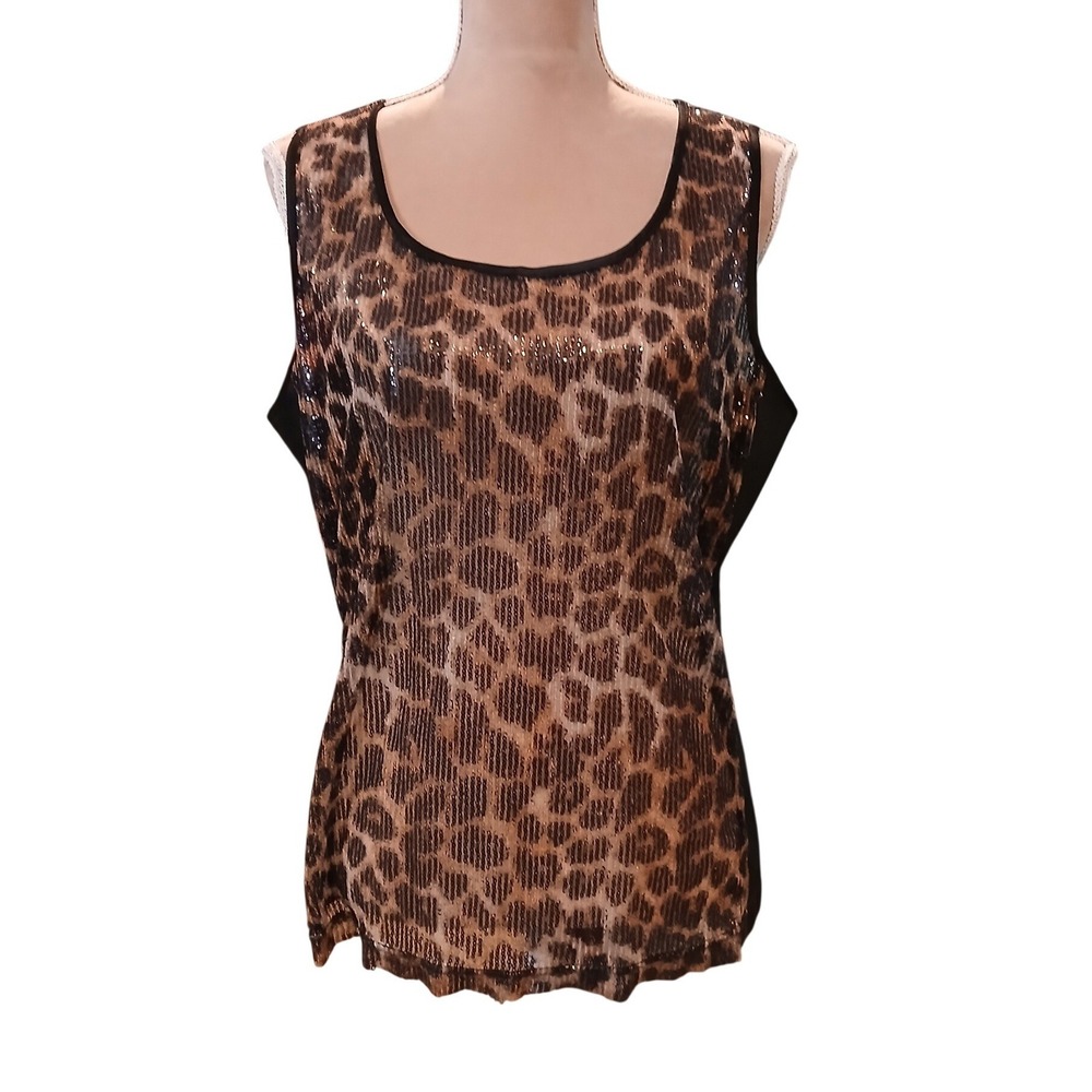 Berek Womens XL Sheer Leopard Print Sequin Sleeveless Tank Top Scoop Neck Black